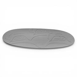 Sea to Sky recycled black glass platter by Corrine Hunt, together with  blue striped platter by Jane Charles and long blue banded bowl