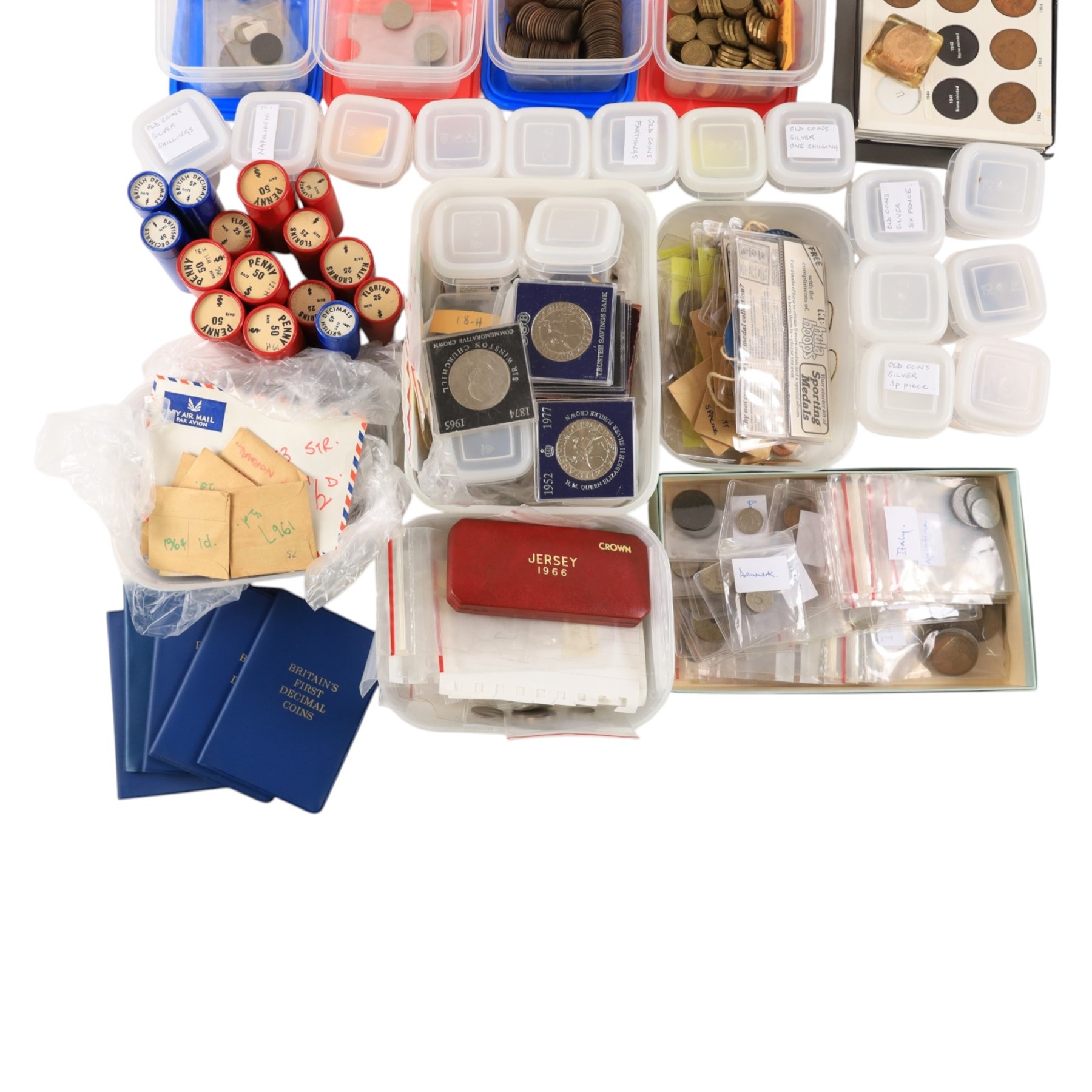 Great British and World coins, including USA 'Morgan' silver dollar, Jersey 1966 brilliant uncirculated two coin set, very large quantity of pre-decimal coins, etc