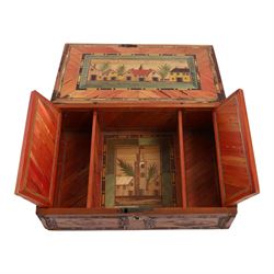 Napoleonic prisoner of war straw work box, the exterior with panels of buildings in geomet...