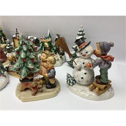 Large collection of Christmas themed Hummel figures and Hummel scapes by Goebel, to include Winter Friend, Making New Friends, Tree Trimming Time, Winter Adventure etc