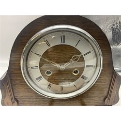 1930s wooden mantle clock, tiffany style table lamp, ships wheel barometer and a collection of other metal ware, etc