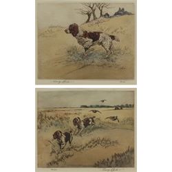 Henry Wilkinson (British 1921-2011): Spaniels Chasing Partridges, pair limited edition colour drypoint etchings signed and numbered in pencil 20cm x 24cm (2)