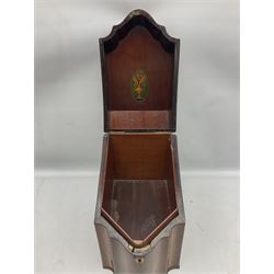 Georgian mahogany knife box, of serpentine fronted form with strung detail to the hinged cover and body, converted into two separate compartments, H37cm 