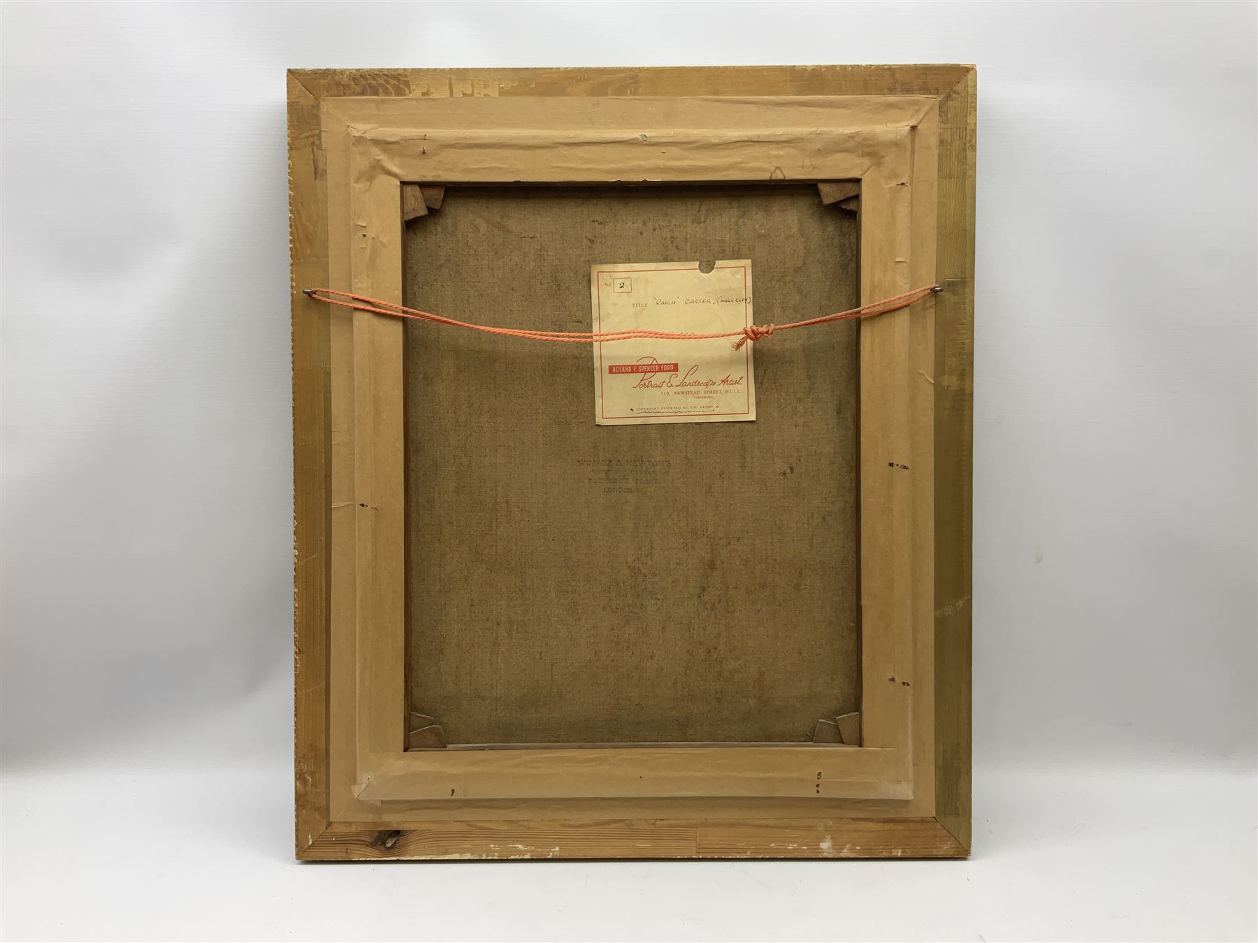 Roland F. Spencer Ford (1902 - 1990), oil painting on canvas, half length portrait of Raich Carter, standing dressed in Hull City kit, the Hull town crest in the background surrounded by the names Hull City A.F.C., Sunderland, Derby County and England, bears label verso from the studio of the artist in Newstead Street, Hull with original price of £75, signed, 59.5 x 49.5cm, gilt frame with metal plaque inscribed ' Presented by the Management Committee/of the Hull City Supporters Clubs/as a mark of esteem and appreciation/for services rendered to/Hull City A.F.C./and to football in general/October 1952'. Provenance: By direct descent from the family of Raich Carter having been consigned by his daughter Jane Carter.