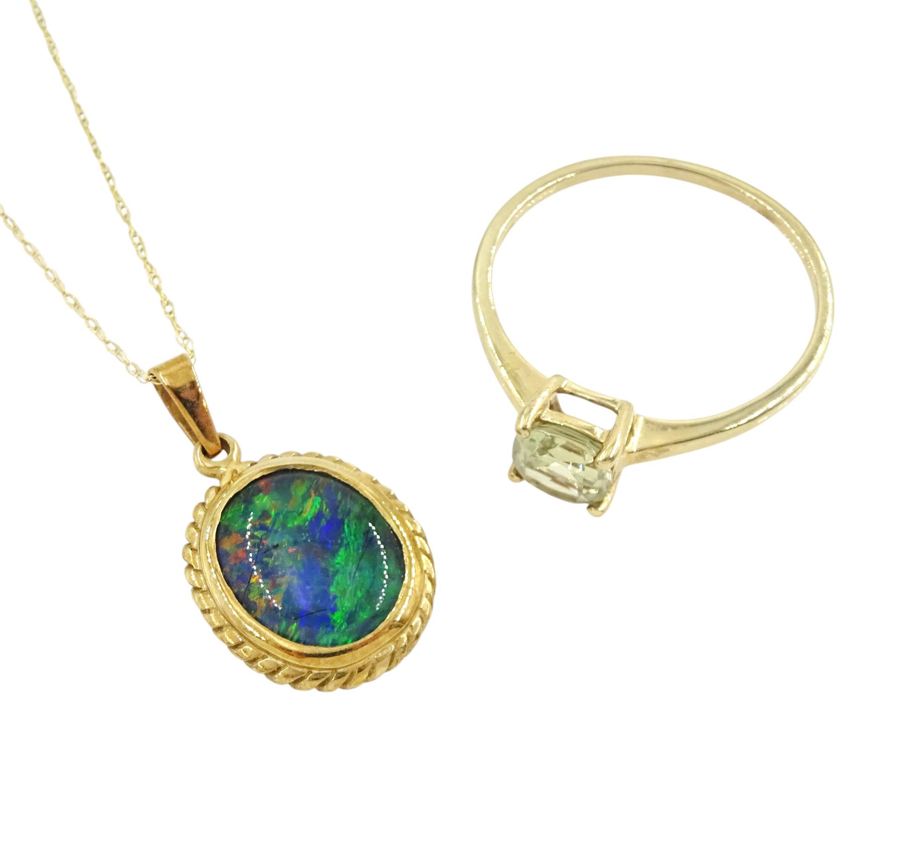 Gold single stone csarite ring and a gold opal triplet pendant necklace, both 9ct 