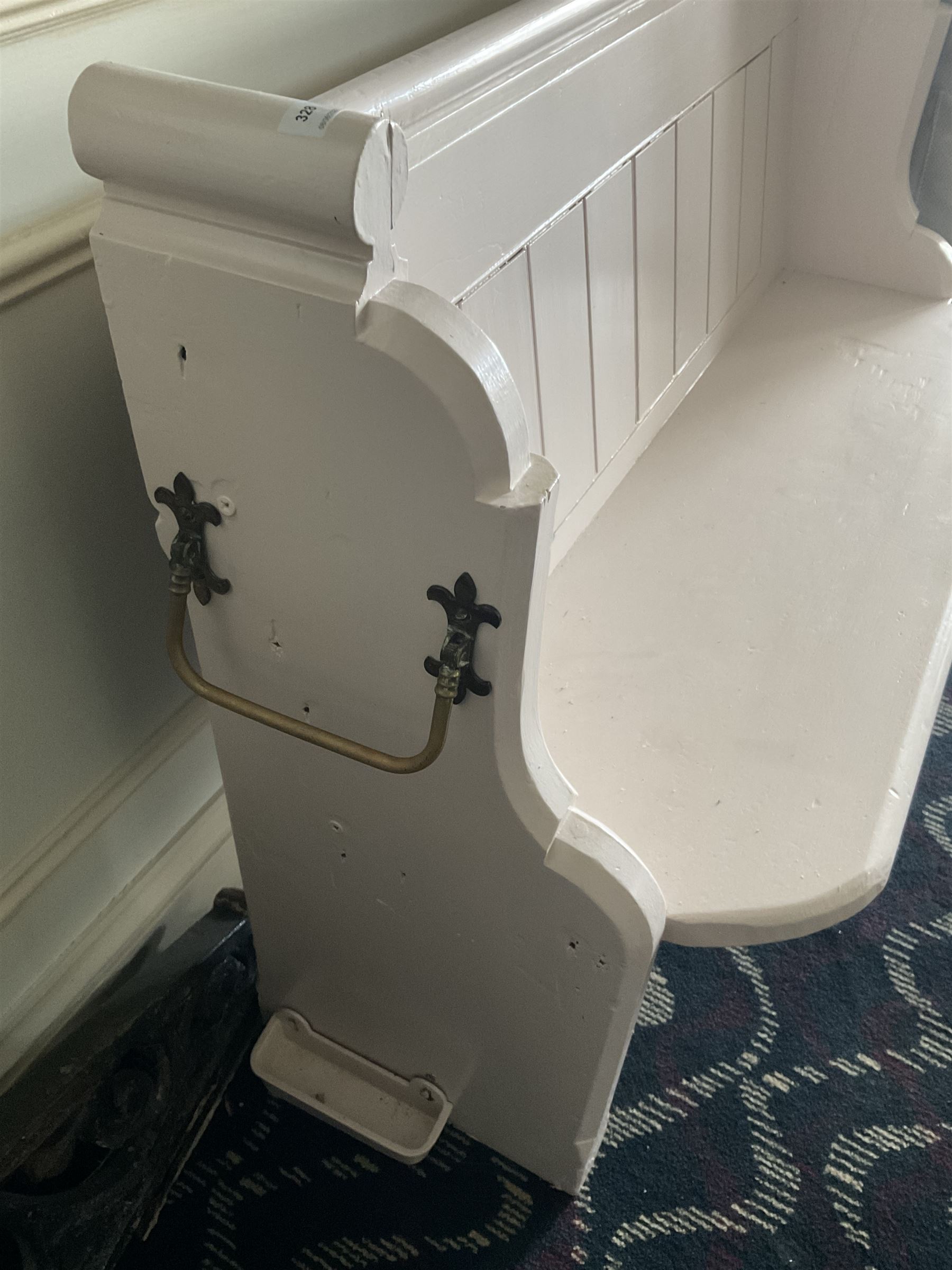 Small painted pew, with umbrella stands- LOT SUBJECT TO VAT ON THE HAMMER PRICE - To be collected by appointment from The Ambassador Hotel, 36-38 Esplanade, Scarborough YO11 2AY. ALL GOODS MUST BE REMOVED BY WEDNESDAY 15TH JUNE.