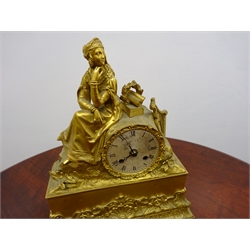  Late 19th century French gilt metal figural mantel clock, seated female with circular silvered dial, modern movement, H38cm    