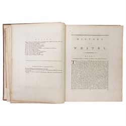 Charlton, Lionel -' History of Whitby and of Whitby Abbey' printed by A Ward 1779 with folding plan, black and white plates, Thomas Fishburn book plate, leather boards