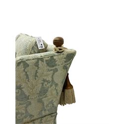 Three-piece hardwood-framed lounge suite - large two-seat Knole sofa with drop ends, upholstered in patterned fabric decorated with urns and foliage (W190cm, D117cm, H88cm); armchair upholstered in contrasting geometric pattern fabric (W83cm, D102cm, H93cm); and another armchair (W82cm, D102cm, H92cm) (3)