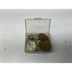 Coins and stamps including first day covers, Queen Victoria 1891 crown, Isle of Man crowns, small number of pre 1947 silver coins, pre-decimal coinage etc