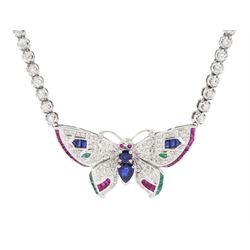 White gold butterfly necklace, the diamond, sapphire, ruby and emerald set butterfly, suspending from a round brilliant cut diamond necklace, stamped 14K, diamond weight approx 6.20 carat