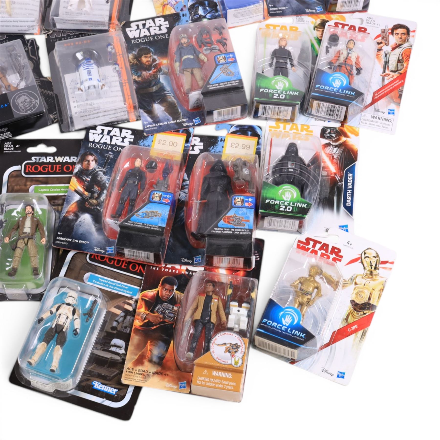 Thirty Star Wars figures, comprising seventeen Hasbro Kenner Solo, The Force Awakens, Rogue One and The Last Jedi examples, four Hasbro Force Link figures Luke Skywalker, Darth Vader, Poe Dameron and C-3P0, Hasbro Kenner Droids Artoo-Detoo R2-D2 figure and eight The Black Series figures #21 Luke Skywalker, #16 C-3P0, #24 Snowtrooper Commander, #06 Darth Vader, #17 Princess Leia, #11 Chewbacca, #09 R2-D2 and #01 Padme Amidala, all carded