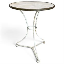 19th century French Arras design garden or bistro table, circular marble top with copper e...