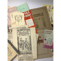 Quantity of paper ephemera relating to Schofields Department Store, The Headrow, Leeds, 1920s - 1950s, including Romance of Schofields 1922, Golden Jubilee Booklet 1951, various catalogues and promotional booklets and leaflets, Christmas offers, greeting cards, marketing and advertising items, menus etc