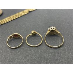 9ct gold jewellery, including opal ring and two other stone set rings, locket and rope twist chain 