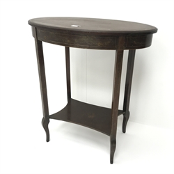  Early 20th century painted oval table, square supports joined by undertier on cabriole legs, W67cm, H73cm, D44cm  