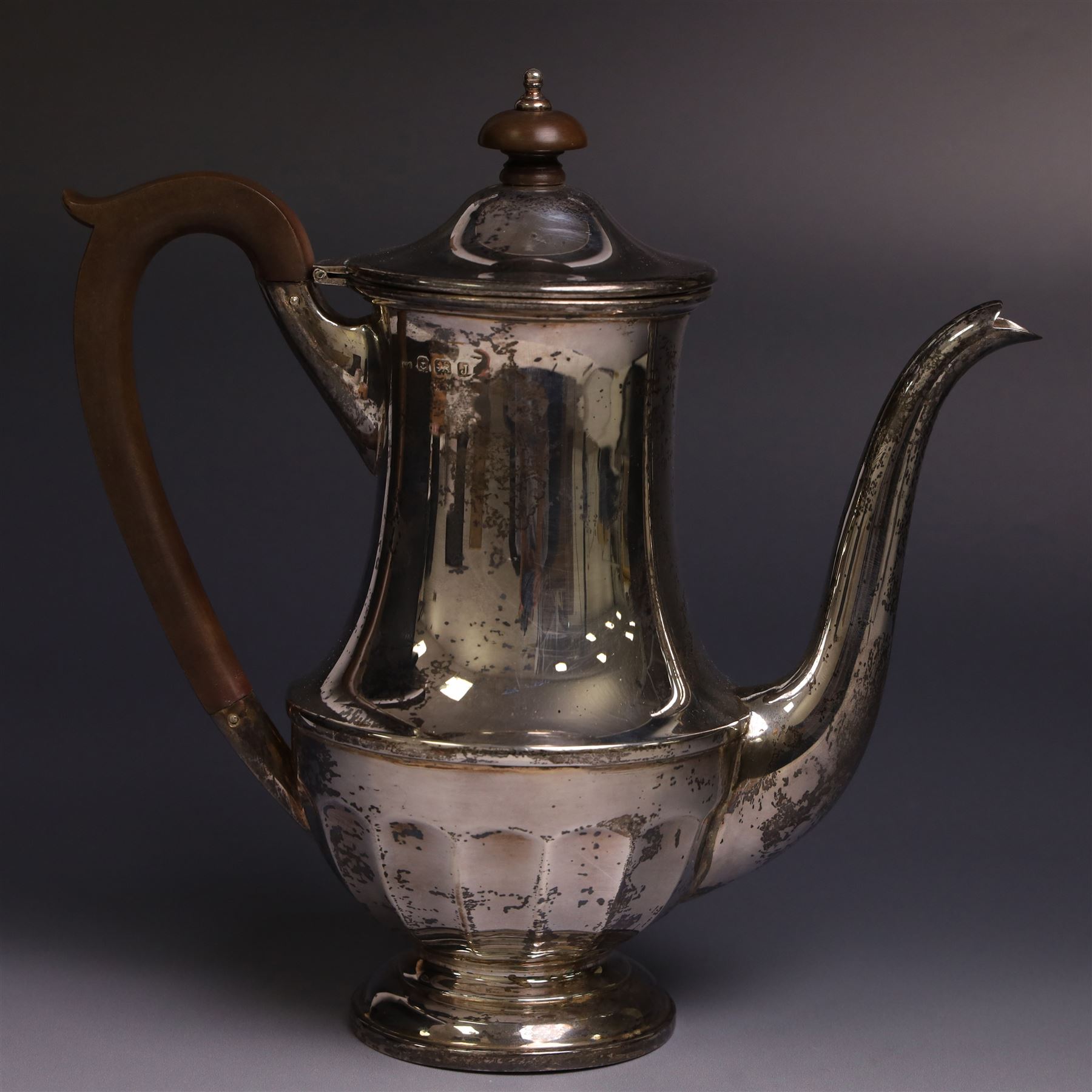 1930s silver coffee pot, of part fluted form with Bakelite type handles and finials, hallmarked Henry Clifford Davis, Birmingham 1933, H22cm