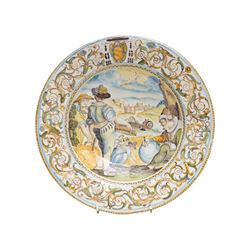 Pair of 19th century Italian majolica plates decorated in 17th century Castelli design with  figures and landscapes etc D27.5cm