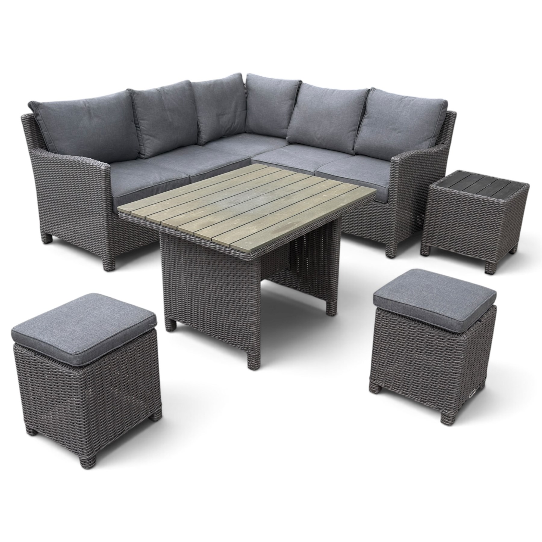Kettler - Palma rattan garden lounge suite, comprising modular corner sofa (DIM) with slatted and rattan garden table on end supports (DIM), and three stools (DIM), with loose seat cushions