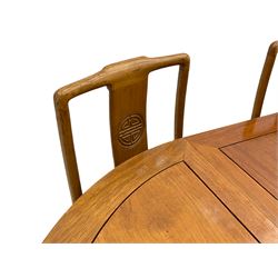 Chinese hardwood extending dining table with two leaves, and set six dining chairs