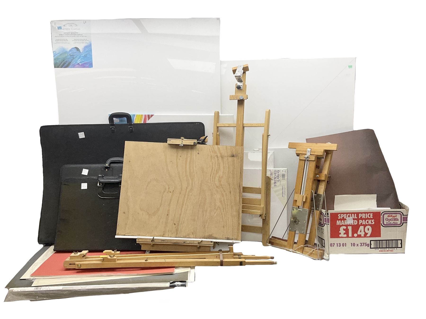 Large quantity of art supplies and equipment to include Crimson & Blake easel, tabletop easel, two large Winsor & Newton canvases and further smaller canvanses, sketchpads, paints etc