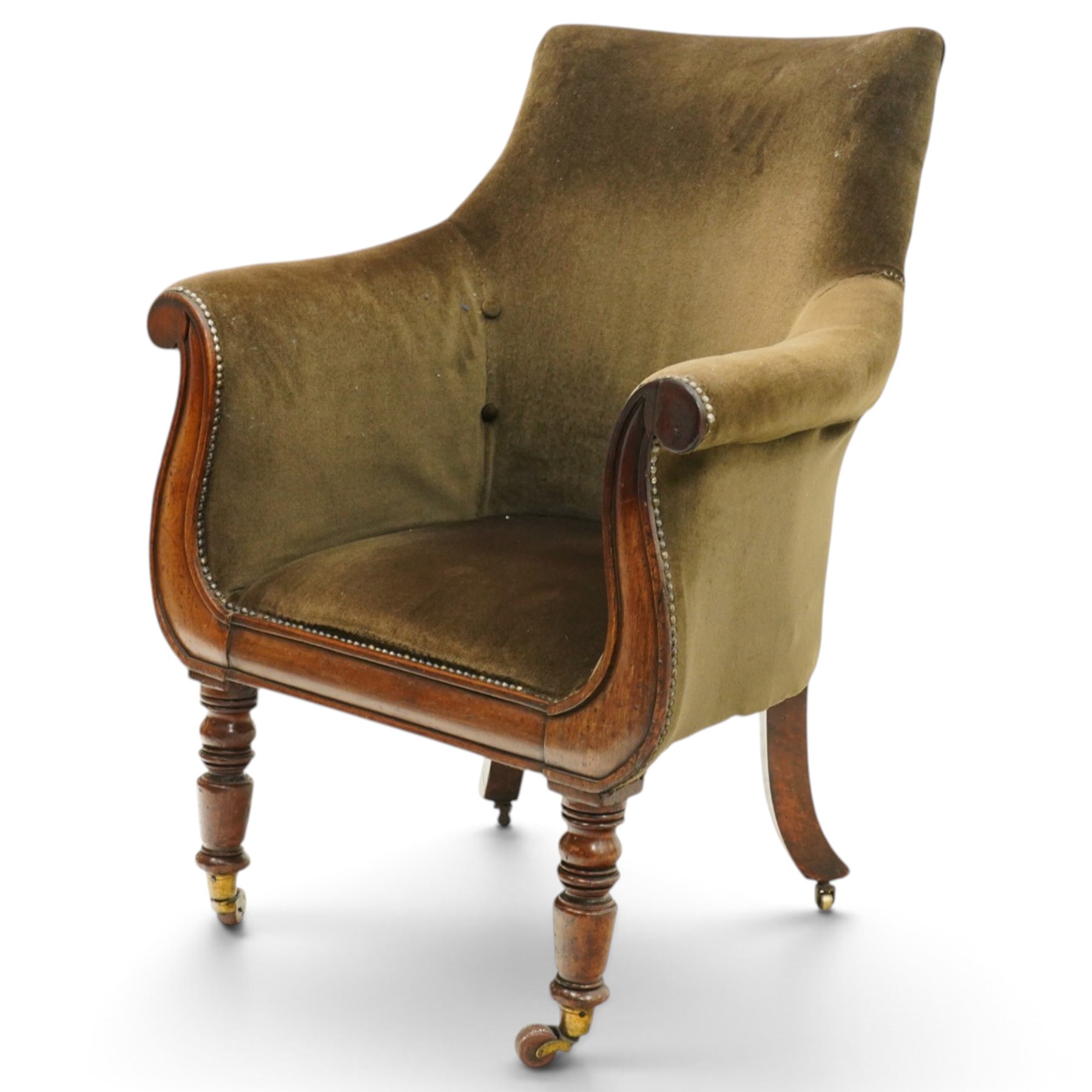 William IV mahogany framed lyre shaped library armchair, high back over scrolled arms and sprung seat, upholstered in chocolate brown velour fabric, the lyre-shaped frame raised on turned front and splayed rear supports with ceramic castors