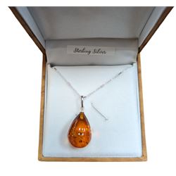 Silver Baltic amber pear shaped pendant necklace, stamped 925, boxed 