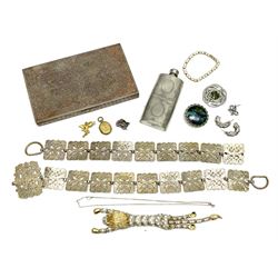 Eastern base metal case with bidri type decoration to exterior, H18cm, together with a quantity of costume jewellery, to include  a silver plated nurses belt, articulated brooch modelled as a lion, Celtic type brooch, etc., and a pewter hipflask, in one box 