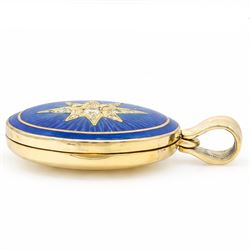 18ct gold diamond and enamel locket pedant, the oval blue enamel front inlaid with a gold star, set with round brilliant cut diamonds, Birmingham 2001