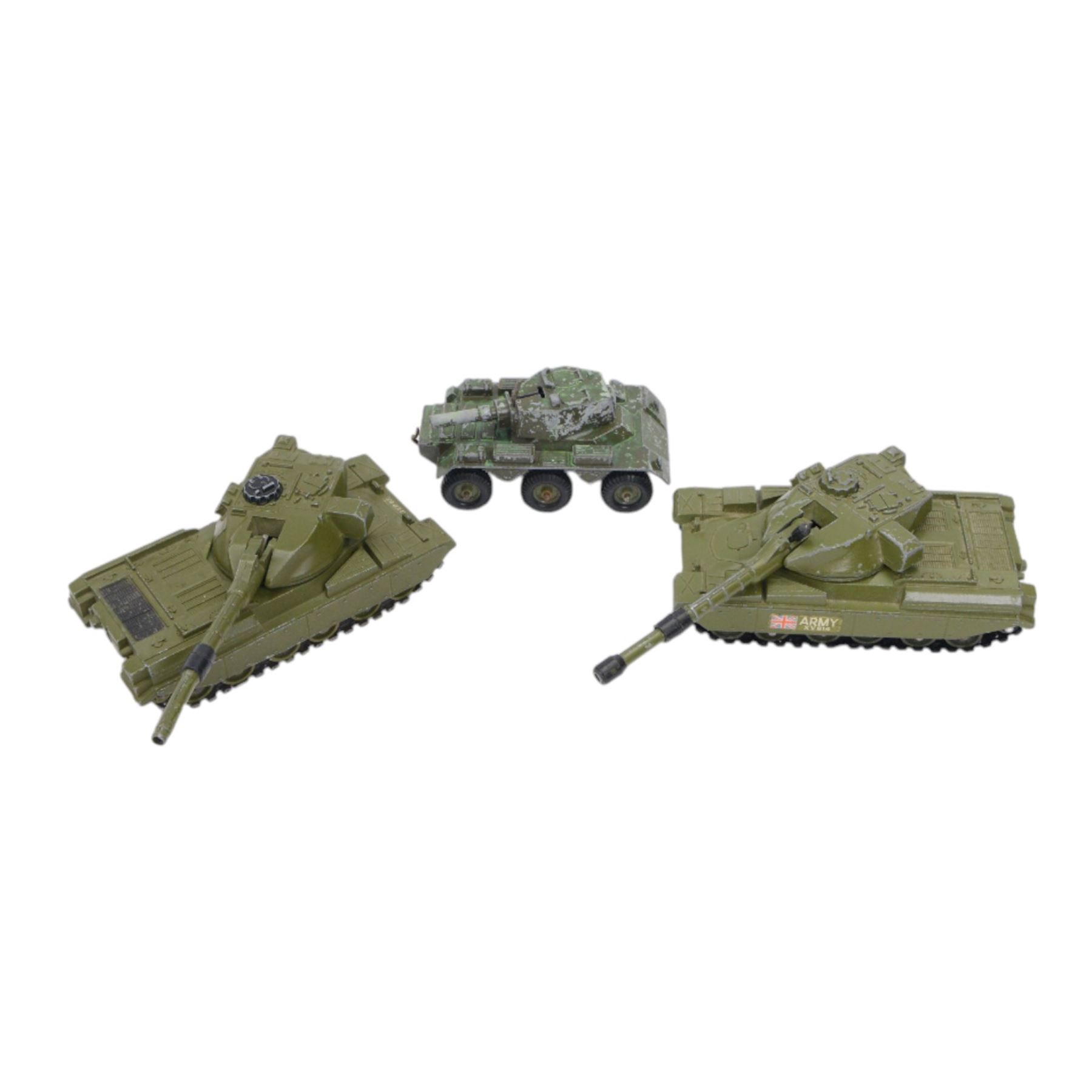 Nine military diecast figures, including two Dinky Toys Chieftain Tank, Dinky Toys Alvis Striker and three Britains field guns