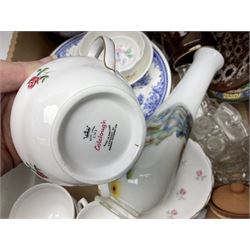 Quantity of ceramics to include Kernewek Cornwall tea wares, pair of Royal Doulton Islamic series plates, sage green Wedgwood Jasperware, Coclough tea wares, glassware etc in two boxes