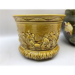 Wedgwood majolica comport, moulded with basket weave and foliage decoration, together with Imperial & Bonn and Sylvac jardinières, sylvac H18cm