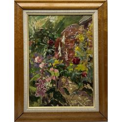Priscilla Hanbury (British 1921-2008): Flower Garden, oil on board unsigned, Artist's Studio label verso 53cm x 37cm