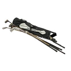 Quantity of golf clubs to include Prestwick Mashie, Ben Sayers and Spalding examples etc in Slazenger soft shell carrying bag