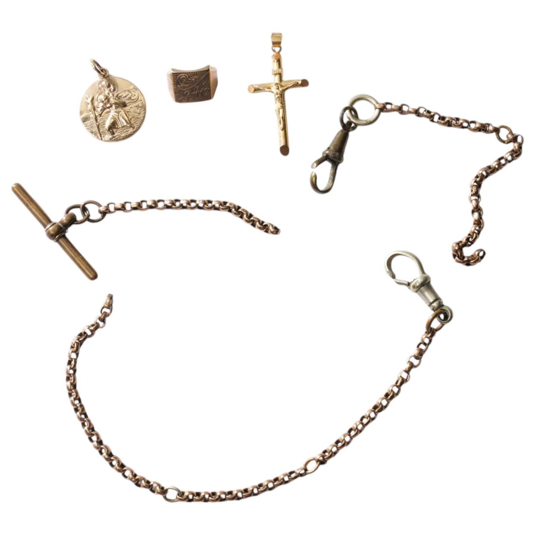 Gold St Christopher's pendant, cross and ring head, all 9ct and gilt chains