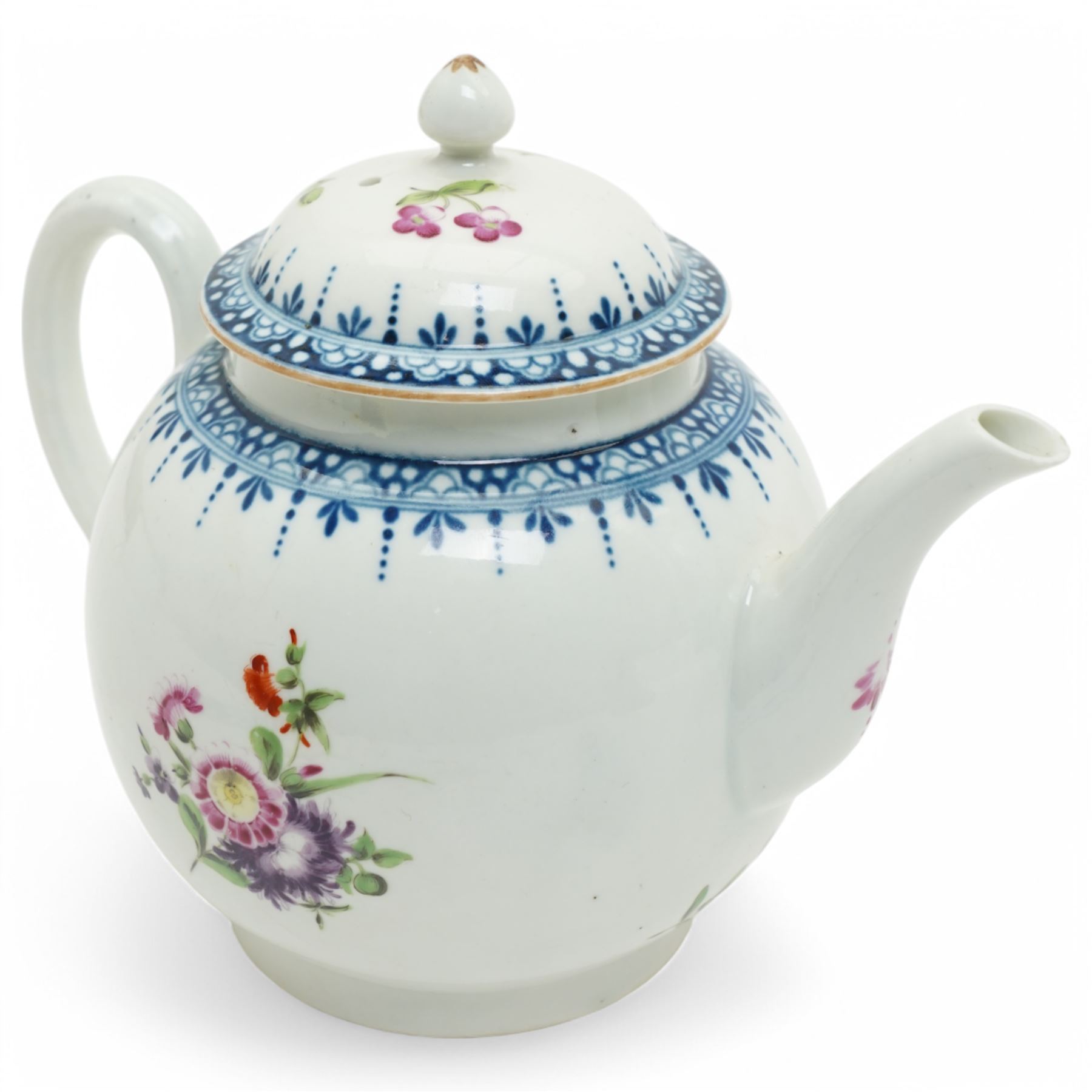 Liverpool Phillip Christian teapot and cover, c. 1775, the reeded body painted with floral sprays beneath a blue border with gilt decoration, the cover with flower-bud finial, H15.5cm; together with an 18th century Worcester teapot, with painted floral decoration (2)
