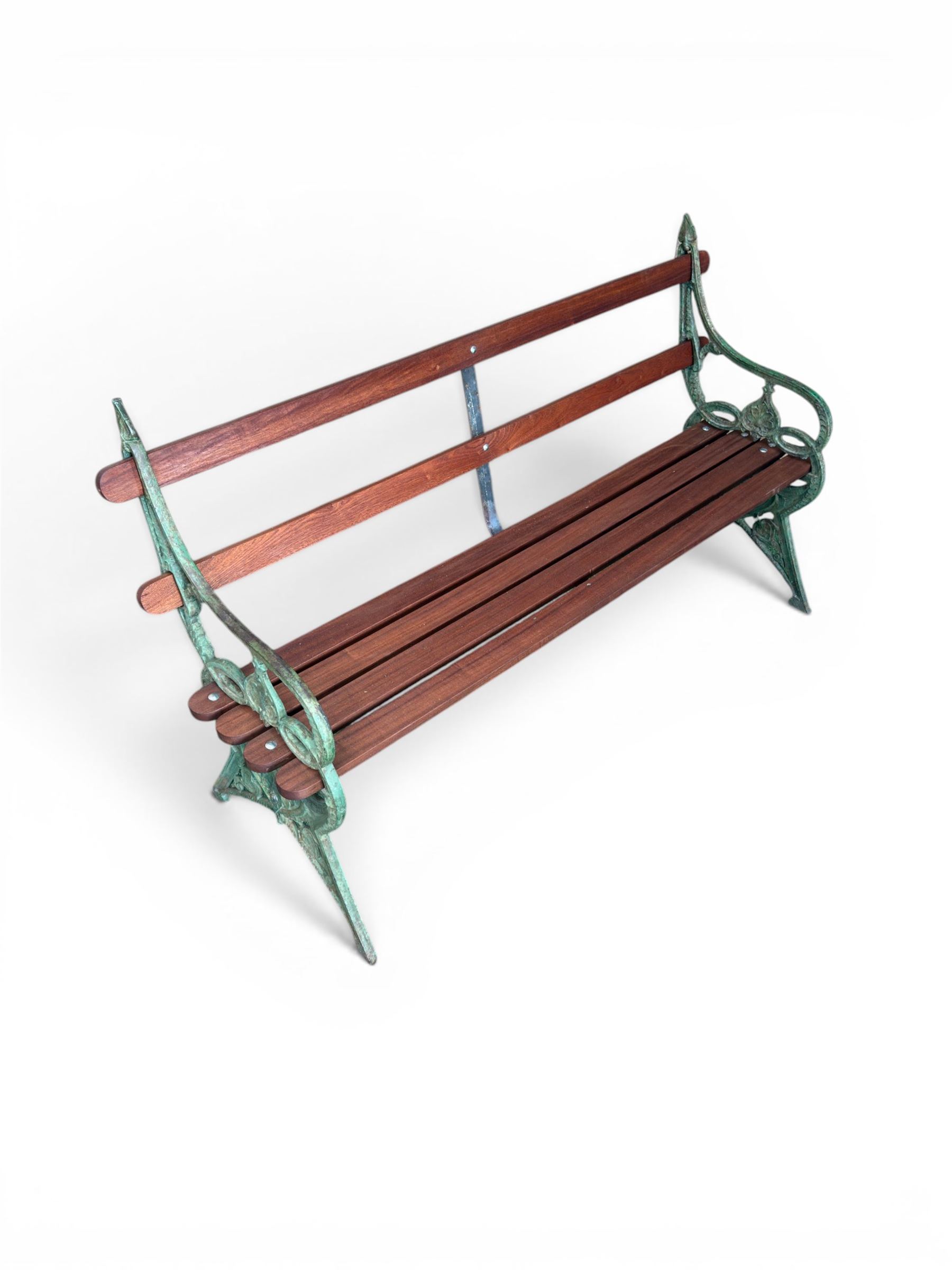 Coalbrookdale - Lily Pad design cast iron an wood slatted garden bench, late 19th century Aesthetic Movement, no. 217569, distressed green paint, iron centre support and seat stretcher, hardwood slatted