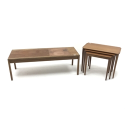  Mid century rectangular teak coffee table, copper inset top, square tapering supports (W122cm, H41cm, D46cm) and nest teak tables (W66cm, H50cm, D38cm)   