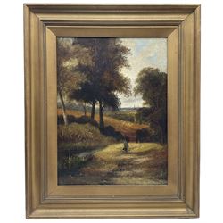 English School (19th century): Figure Walking Down Country Lane, oil on canvas unsigned 49cm x 37cm