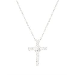 18ct white gold diamond cross pendant necklace, the cross pendant set with eleven round br...
