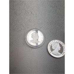 Three Queen Elizabeth II Isle of Man one ounce fine silver coins, comprising 2016, 2018 one angels and 2018 one noble 
