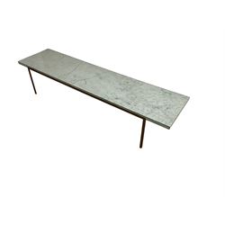 Long narrow rectangular marble top coffee table, on wrought metal base