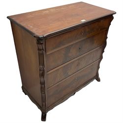 Late 19th century French mahogany chest, moulded rectangular top with shaped corners, fitted with four graduating long drawers, canted uprights with shaped and moulded upright mounts, on splayed block feet