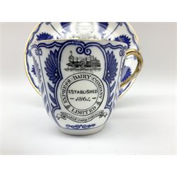 Late 19th century Coalport porcelain cup and saucer in the 'Aster' pattern bearing the crest of Express Dairy Company Limited, College Farm, Finchley and decorated with a steam locomotive
