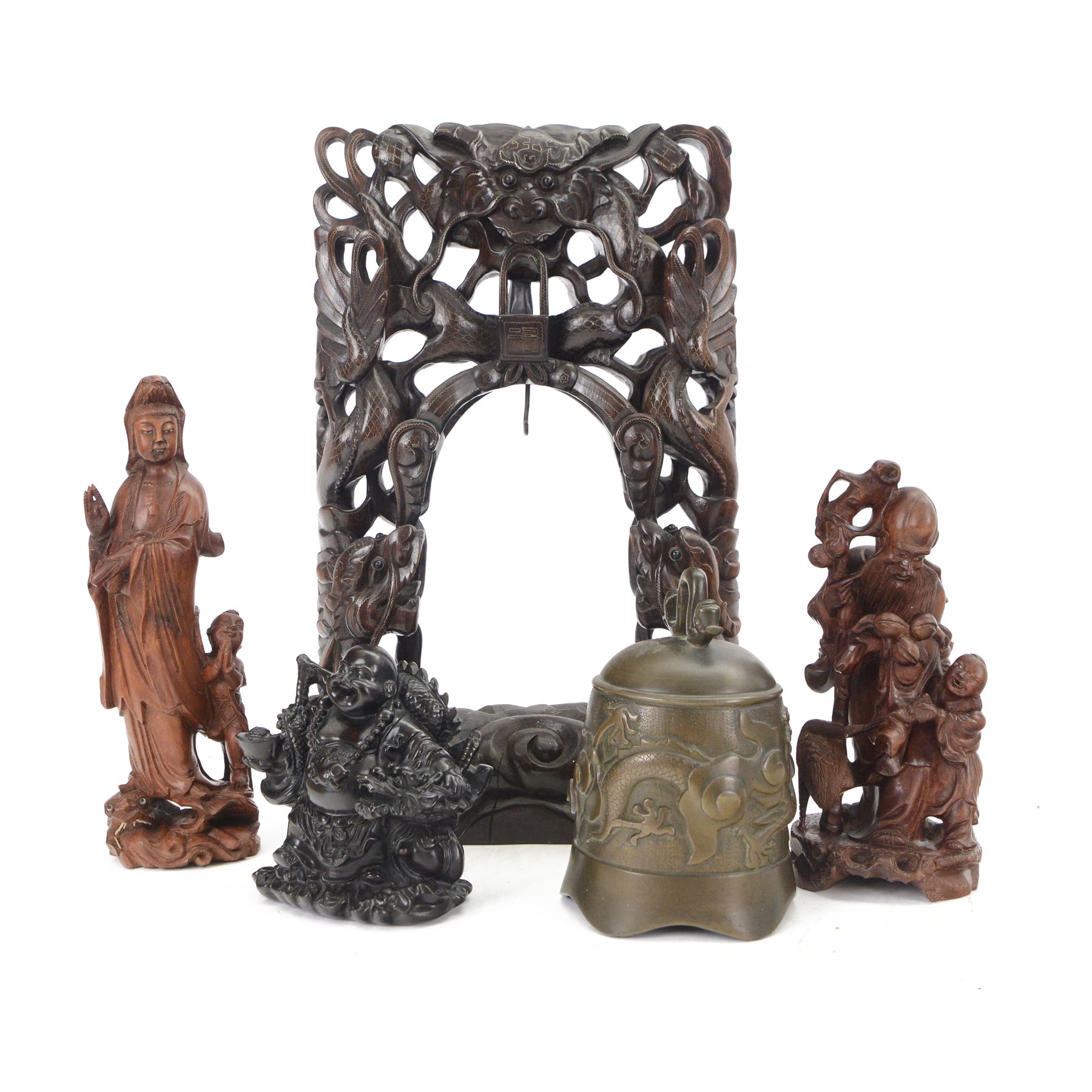 Chinese temple bell, brass bell decorated in relief with dragon on a carved hardwood stand, together with a cast resin figure of Buddha and two carved wooden figures, bell stand H47cm