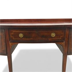  George III mahogany bow-front sideboard, the top with shaped gallery back above one frieze drawers, each outlined with strung inlay, flanked by deep cupboard doors, raised on square tapering legs with spade feet