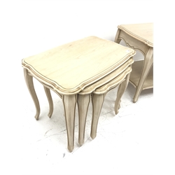 Pierre Fontaine collection light wood coffee table, moulded shaped top, two drawers, cabriole legs joined by solid undertier (W116cm, H55cm, D54cm) and matching nest of three tables (W67cm, H52cm, D44cm)