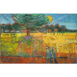 John Gilbey Bowles (British 1929-2011): Ghostly Figures on a Sunset Path, oil on canvas si...