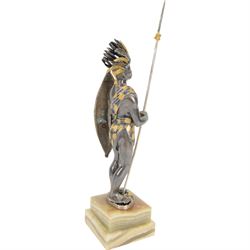 Italian limited edition silvered and gilt bronze figure of a Zulu warrior, with spear and shield, signed Giuseppe Vasari, no. 45/400,  upon an green stepped onyx base H25cm