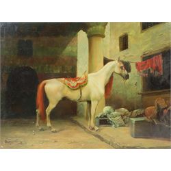 After Jean-Léon Gérôme (French 1824-1904): The Saddle Bazaar - Cairo, oil on panel indistinctly signed 30.5cm x 40.5cm; F Piranesi after Oriental School (19th century): Arabian Warrior on Horseback, oil on panel signed 40.5cm x 30.5cm (2) (unframed)